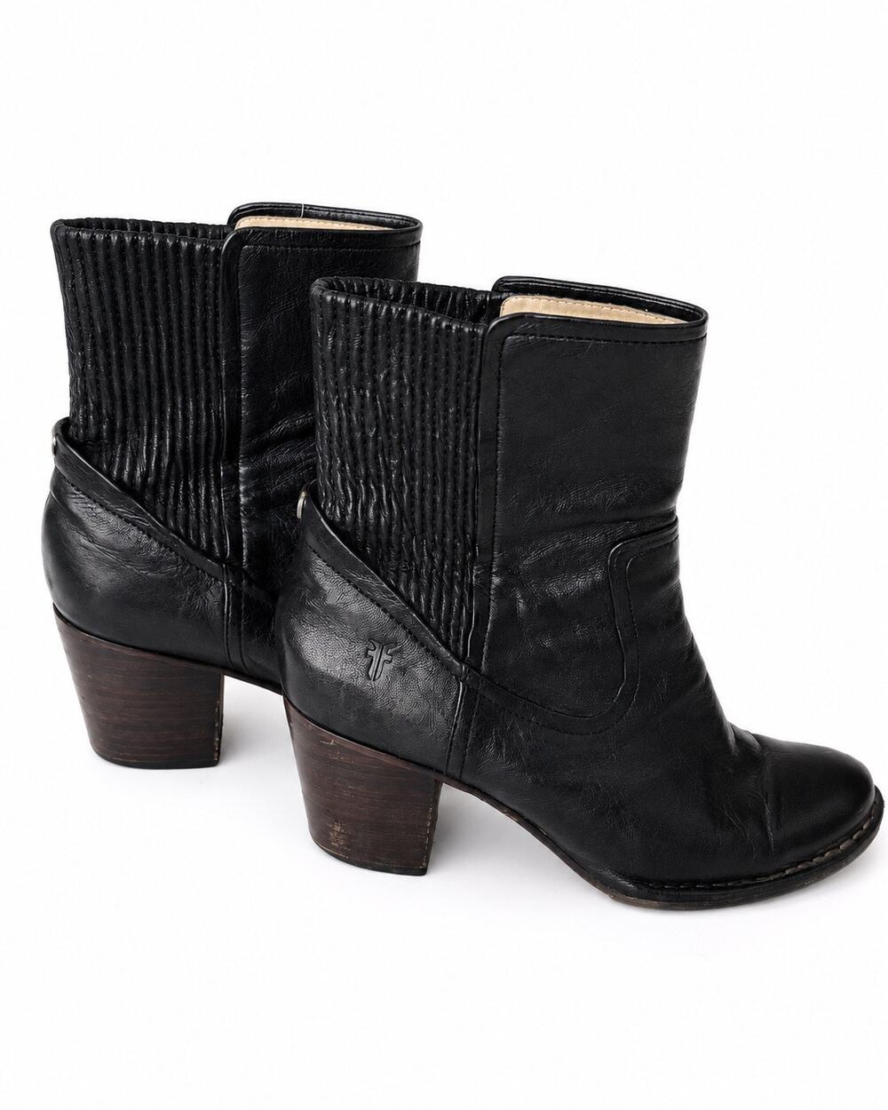 Frye Black Leather Western Ankle Boots – Block Heel